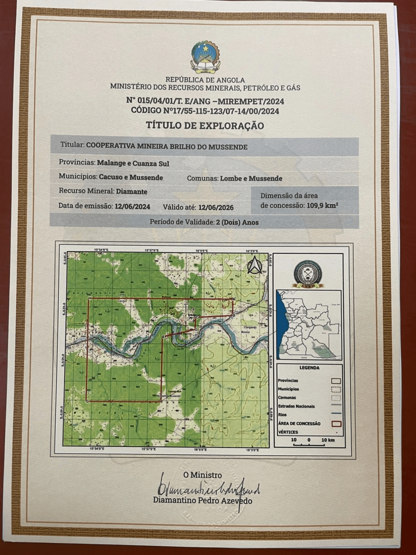 Título de Exploração, Titre minier ANRM, République d'Angola, Brilho de Mussende
